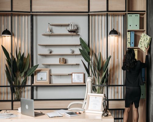 Professional modern office workspace with plants
